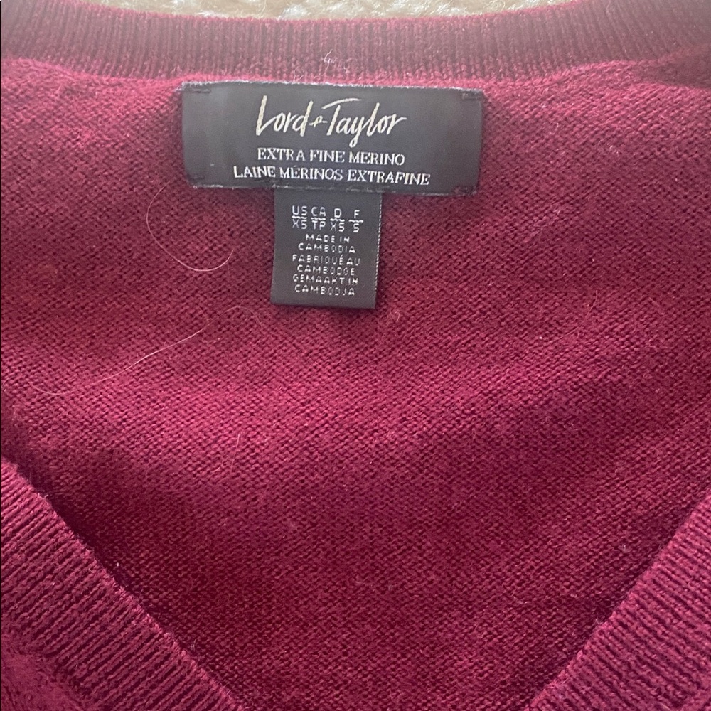 Lord & Taylor burgundy merino wool V-Neck Sweater - Picture 2 of 3